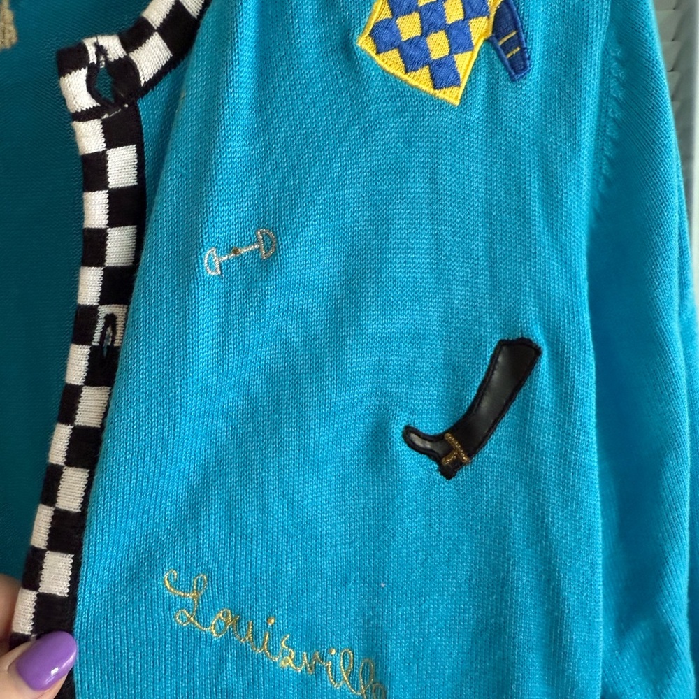 Berek Teal Cardigan Horse Racing Derby Preakness Applique Beads Embroidery Rare - Picture 6 of 11